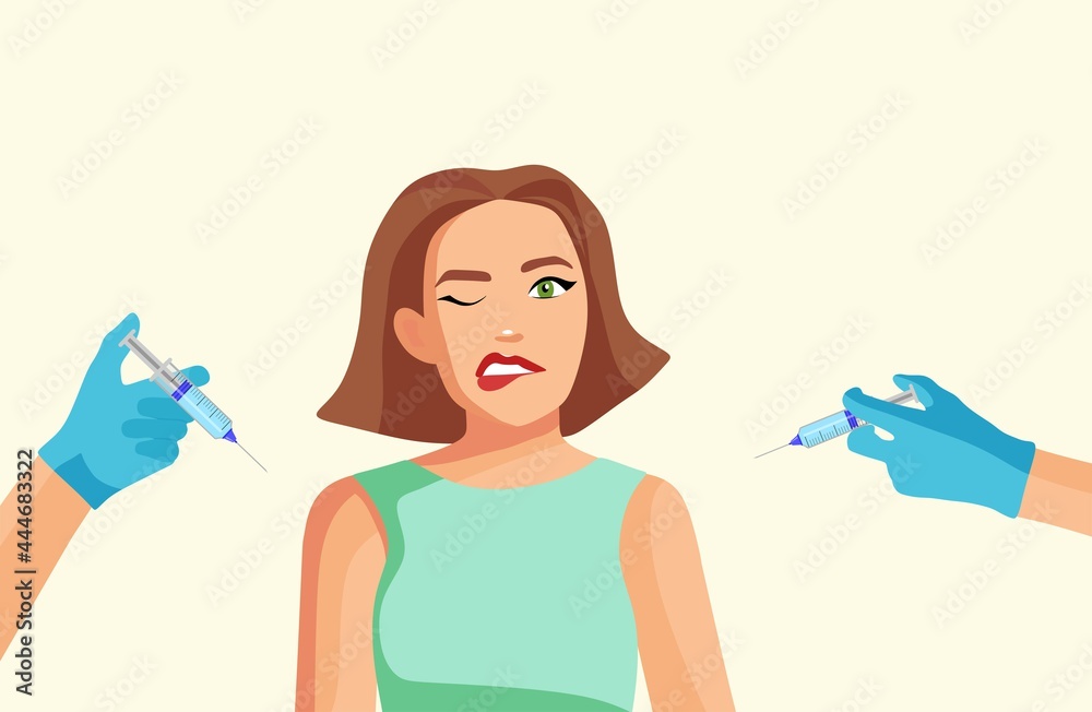 Vector cartoon illustration of vaccination against Covid-19. The girl is  afraid of the injection. The hands of medical personnel administering the  vaccine. Stock Vector | Adobe Stock