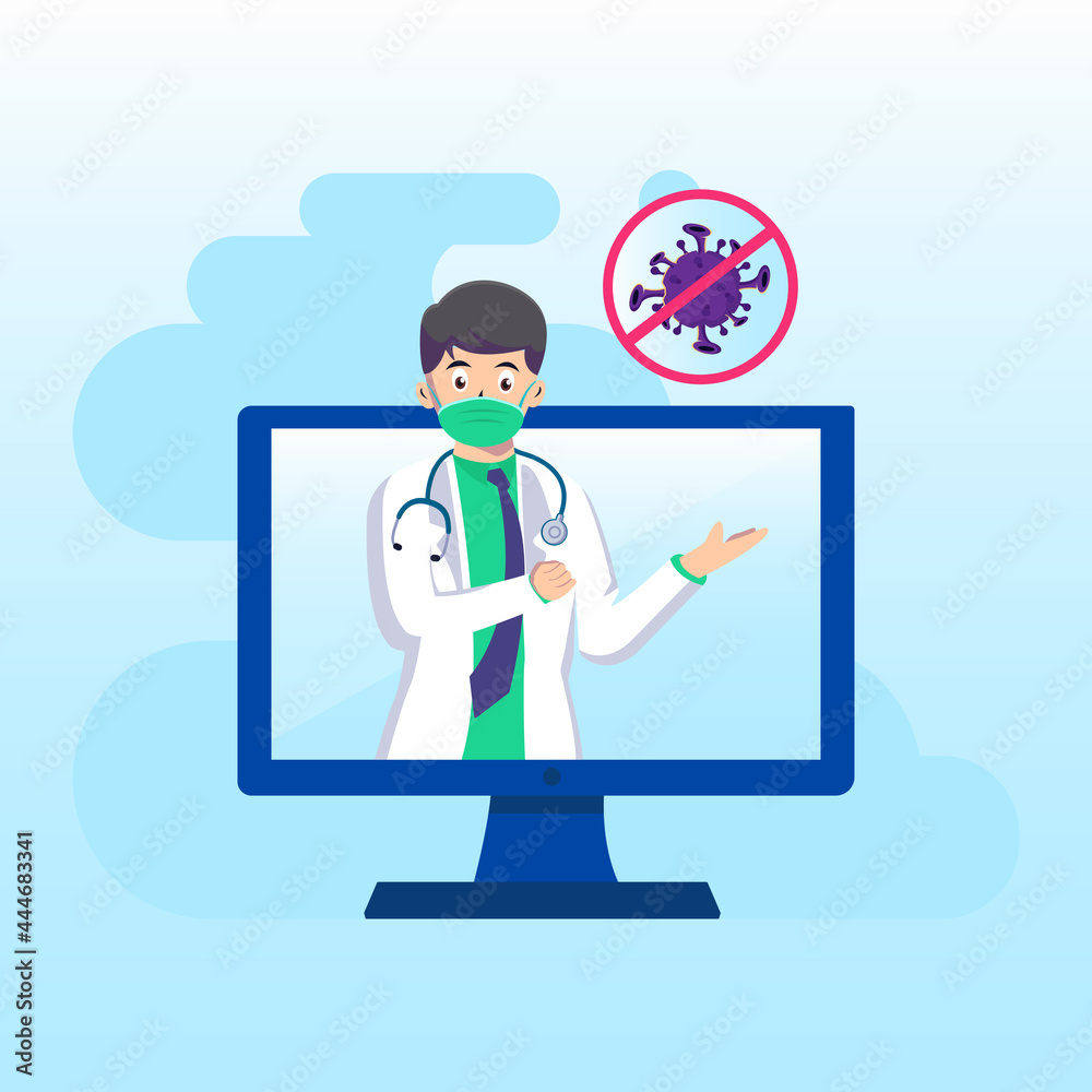 Online Doctor educate a pandemic corona virus warning with medical mask to protect. landing page website illustration flat vector Online Doctor educate a pandemic corona virus warning with medical mask to protect. landing page website illustration flat vector