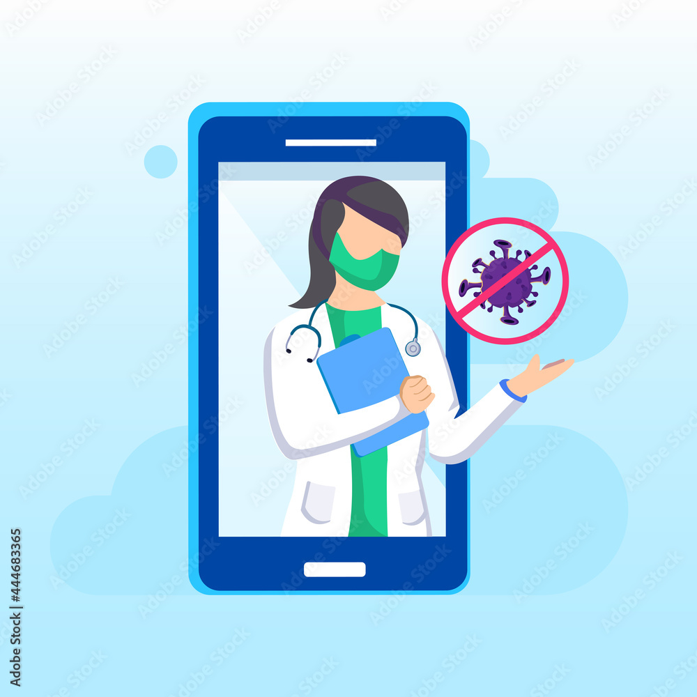 Online Doctor educate a pandemic corona virus warning with medical mask to protect. landing page website illustration flat vector Online Doctor educate a pandemic corona virus warning with medical mask to protect. landing page website illustration flat vector