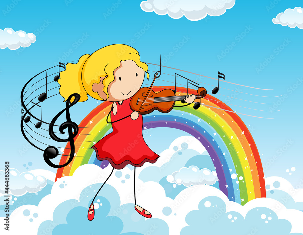 Cartoon doodle a girl playing violin with rainbow in the sky Cartoon doodle a girl playing violin with rainbow in the sky