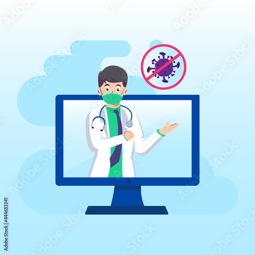 Online Doctor educate a pandemic corona virus warning with medical mask to protect. landing page website illustration flat vector