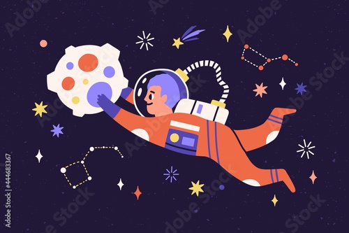 Child astronaut in spacesuit travel in cosmos. Cosmonaut flying and floating in outer space with stars, comets, constellations and asteroids. Flat vector illustration of childish fantasy in universe