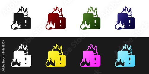 Set Fire in burning house icon isolated on black and white background. Vector
