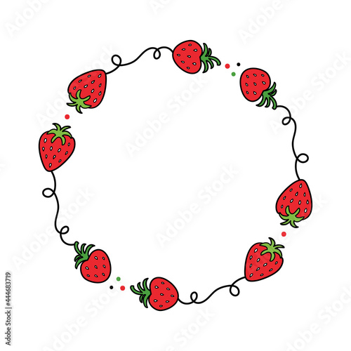 Cute cartoon style fresh strawberries and branches vector round, circle frame for summer food, healthy snack design.

