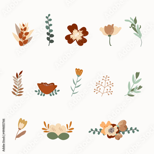 Collection of boho or vintage plants and flowers. Hand-drawing vector design elements. Template for scrapbooking, stickers, planner, invitations. Autumn floral in warm fall tones. Rose, ranunculus.