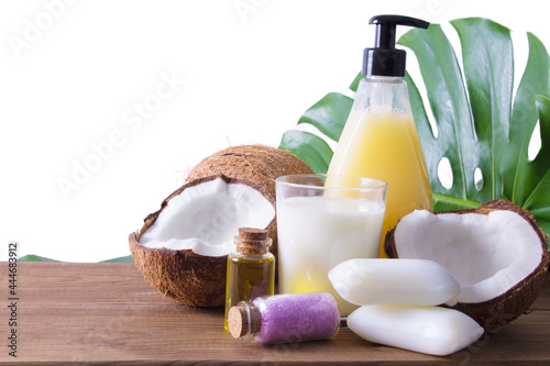 coconut, coconut oil, coconut milk, soaps and bath salts. concept of spa and body treatments