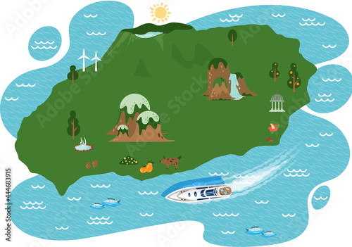 Map of area and attractions of green island top view. Famous landmarks park and waterfall, adventure time, active leisure. Tourist route for travelers who love pure wildlife and boat trips in vacation