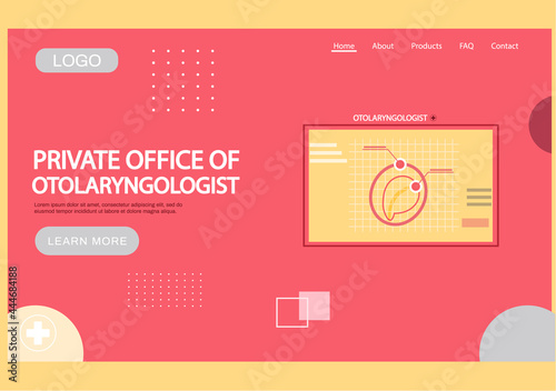 Private office of otolaryngologist landing page template. App for providing medical service online. Doctor appointment in hospital website. Man visiting clinic for health check up, health care concept