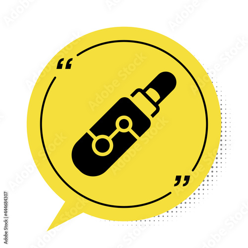 Black Electronic cigarette icon isolated on white background. Vape smoking tool. Vaporizer Device. Yellow speech bubble symbol. Vector