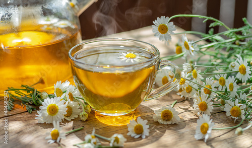 Chamomile flowers near teapot and tea glass of hrtbal tea. Rural or countryside background.