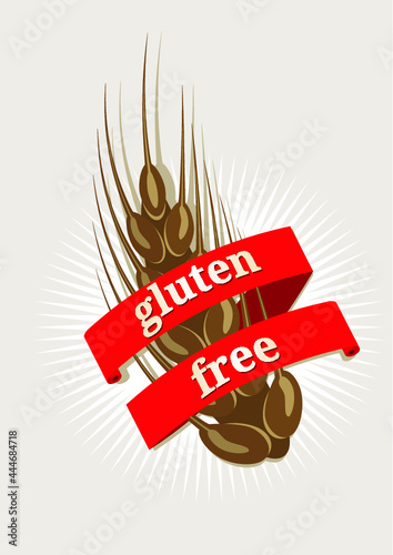 Emblem or label with a red ribbon banner with the text - Gluten Free - wrapped aroung one ripe golden ears of wheat.  Vector illustration. photo