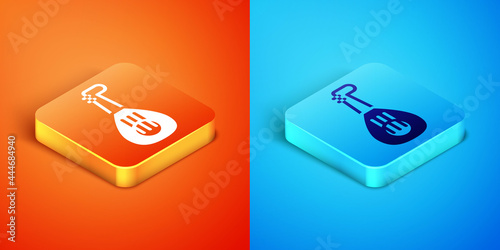 Isometric Musical instrument lute icon isolated on orange and blue background. Arabic, Oriental, Greek music instrument. Vector