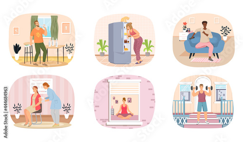 Set of illustrations about healthy and unhealthy lifestyle. Sport, yoga, exercises, proper nutrition, vaccine. Changes in life due to habits of people. Characters eat fatty foods and exercise