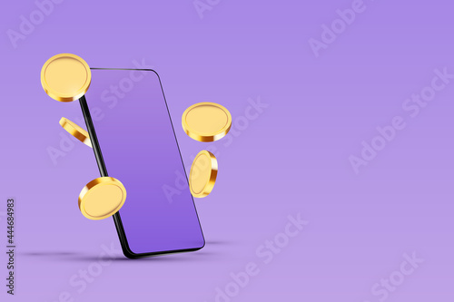 phone with flying coins on purple. Concept background