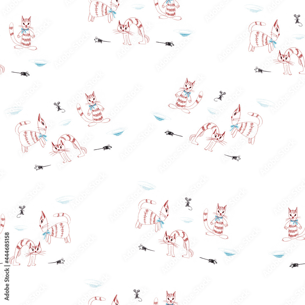 Obraz premium Seamless pattern from children's doodle drawings of a cat and a mouse with colored pencils isolated on a white background three poses of a cat, sits, arched his back, for fabric design, wrapping paper
