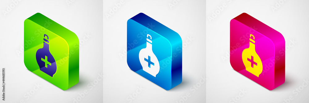 Isometric Bottle with potion icon isolated on grey background. Flask with magic potion. Happy Halloween party. Square button. Vector Isometric Bottle with potion icon isolated on grey background. Flask with magic potion. Happy Halloween party. Square button. Vector