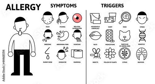 Allergy infographics. Allergy Symptoms and Triggers, medical information with text and character. Flat vector illustration, horizontal.