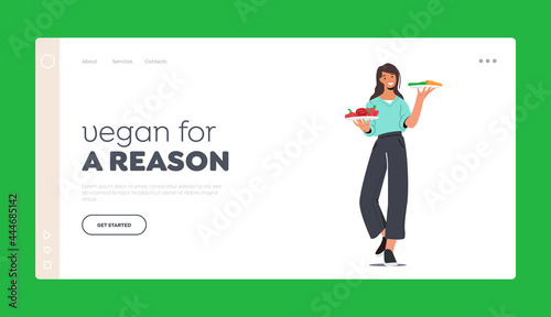 Vegan for a Reason Landing Page Template. Young Female Character Hold Plates with Vegetables. Bbq Picnic, Healthy Food