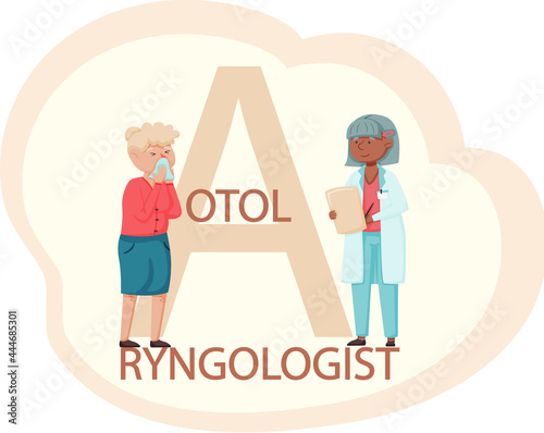 Health care, medical examination, patient at doctor s appointment. Otolaryngologist s office. Woman treats illness and works with people. Person with virus and runny nose receives medical assistance