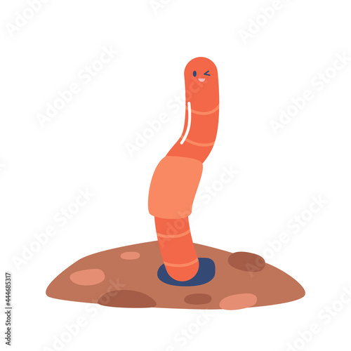 Earth Worm Stick Out of Soil, Earthworm Wink Eye, Compost Insect of Pink Color. Nature, Wildlife Creature, Garden Worm
