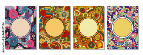 Psychedelic Floral Backgrounds and Patterns, Floral Posters, Covers, Illustrations Template Set, Vintage Colors Combinations 