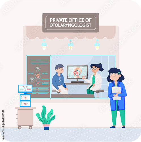 Otolaryngologist doctor with nose, ear and throat or ENT diagnostic and treatment instruments. Otology doctor with patient. Otorhinolaryngology healthcare medicine or otolaryngology diseases