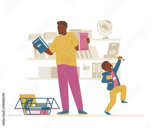 African American Family Buying School Supplies. Father And Son Firstgrader Getting Ready For School . Vector Illustration. photo