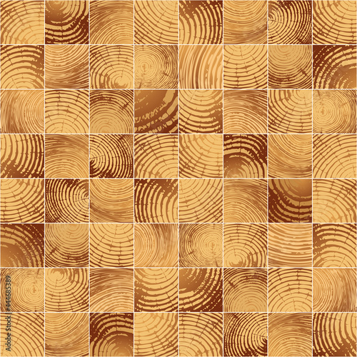 Mosaic seamless pattern from wooden square bars. The texture of the saw cut wood. Tree trunk rings. Lumber as a decorative finish in the interior