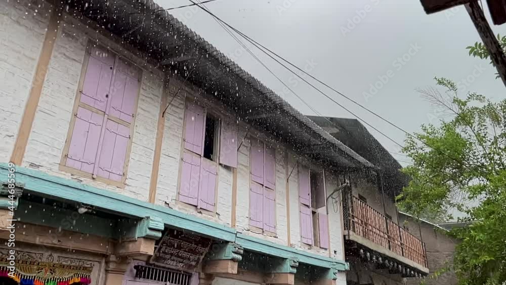 Rustic Structure Facade During Rainy Day At Temple Town In Trimbakeshwar City, Trimbak, Maharashtra, India. - Static Shot Rustic Structure Facade During Rainy Day At Temple Town In Trimbakeshwar City, Trimbak, Maharashtra, India. - Static Shot