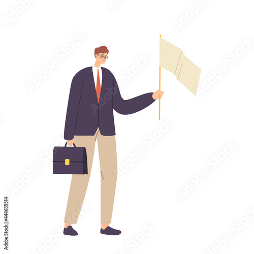 Unhappy Male Character Holding Briefcase and White Flag Admit Defeat. Loser Give Up, Anxious Businessman Capitulation