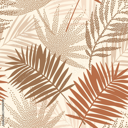 Tropical seamless pattern with terracotta dotted palm leaves silhouettes. Jungle stipple vector art.
