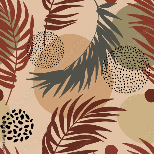 Abstract tropic foliage seamless pattern with black palm leaf silhouettes, ge...