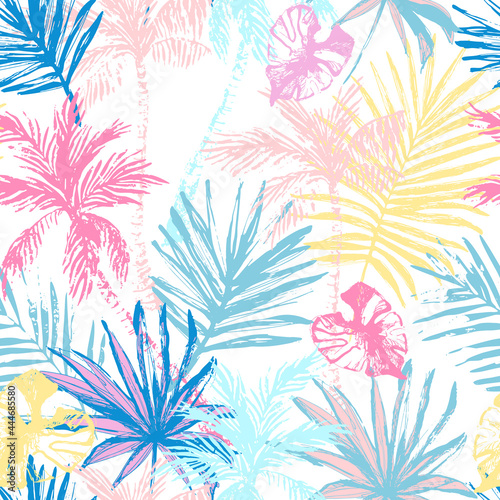 Beautiful abstract tropics seamless pattern. Bright grunge palm trees, tropical leaves on white background