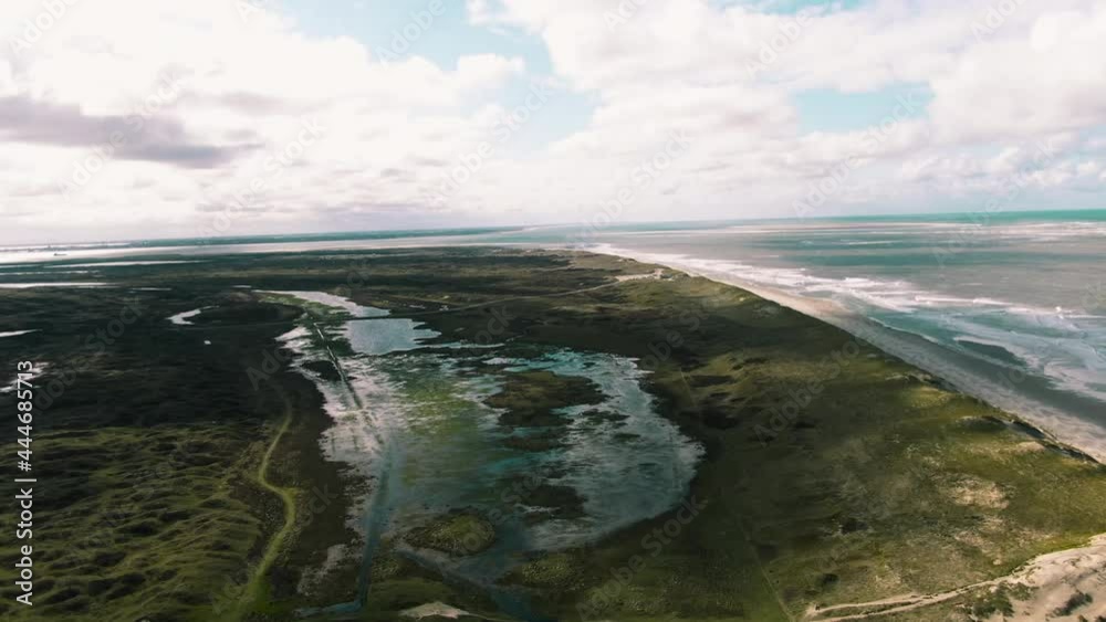 Reflection Through Swamps Near Dune Beach At National Park In Texel Island, North Holland, Netherlands. - Aerial Shot