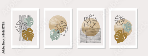 Abstract geometric shapes  monstera plant poster set in mid century style.