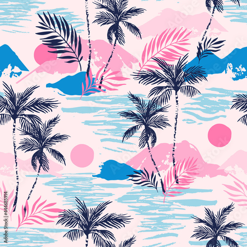 Tropics background with sunset sea, exotic islands, palm trees silhouettes, grunge brush stroke texture.