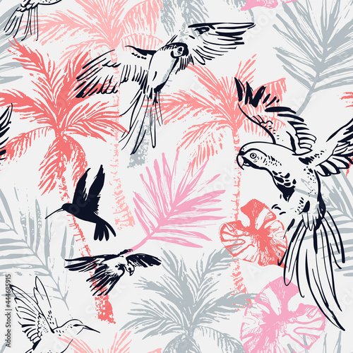 Bright grunge palm trees, tropical leaves, parrots background