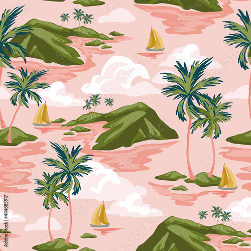 Tropics background with sailing boats, exotic islands, palm trees silhouettes, ocean sea waves texture.