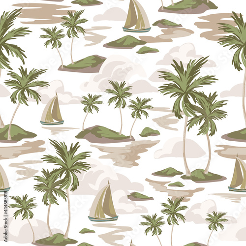 Tropics background with sailing boats, exotic islands, palm trees silhouettes, ocean sea waves texture.