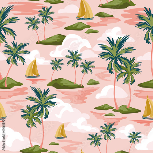 Tropics background with sailing boats, exotic islands, palm trees silhouettes, ocean sea waves texture.