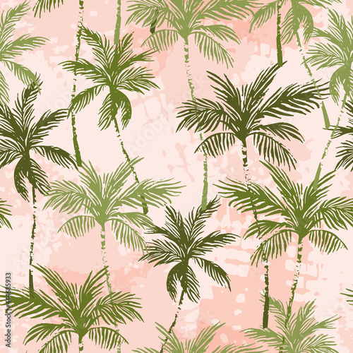 Abstract tropics seamless pattern. Grunge palm trees silhouettes transparent texture background