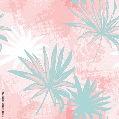 Grunge palm leaves and transparent texture background. Jungle vector art.