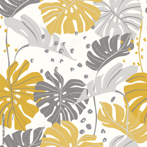 Minimal floral seamless pattern. Abstract monstera and palm leaves on doodle texture background.