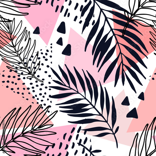 Floral and geometric background with triangles, palm leaves, doodle, minimal ...