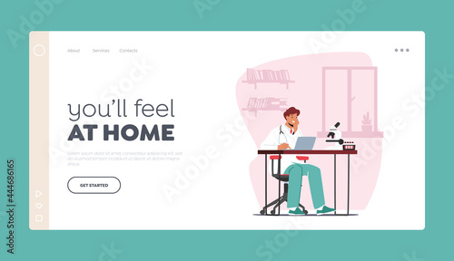 Medicine Landing Page Template. Doctor Male Character Working in Medical Laboratory Examining Blood Samples in Test Tube