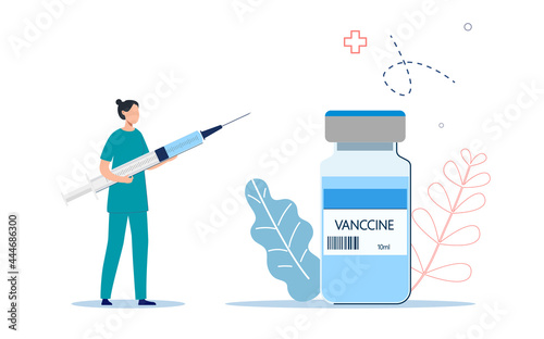 The nurse prepares to be vaccinated against the coronavirus. Flat illustration of vaccination