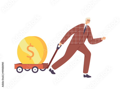 Business Growth, Investment, Wealth and Prosperity Concept. Businessman Character Pull Trolley with Huge Golden Coin