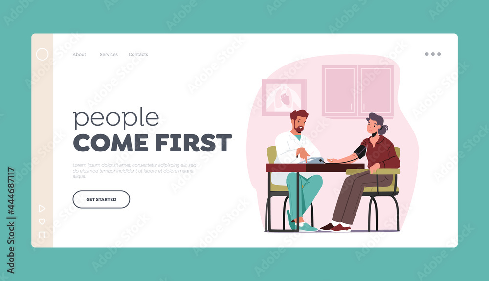 Hypertension or Hypotension Disease, Health Care Check Up Landing Page Template. Doctor Character Measuring Arterial Blood