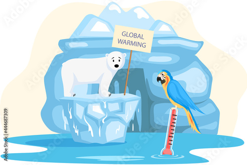 Polar bear and parrot on melting ice in sea at North pole Arctic. Global warming concept. Increasing earth temperature. Melting of north pole, disappearance of natural habitat of wild animals