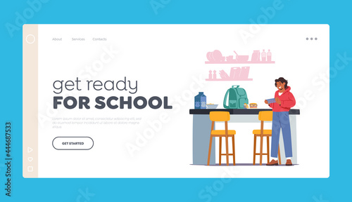 Get Ready for School Landing Page Template. Child Take Lunch Box to School. Teenager on Kitchen Prepare Food